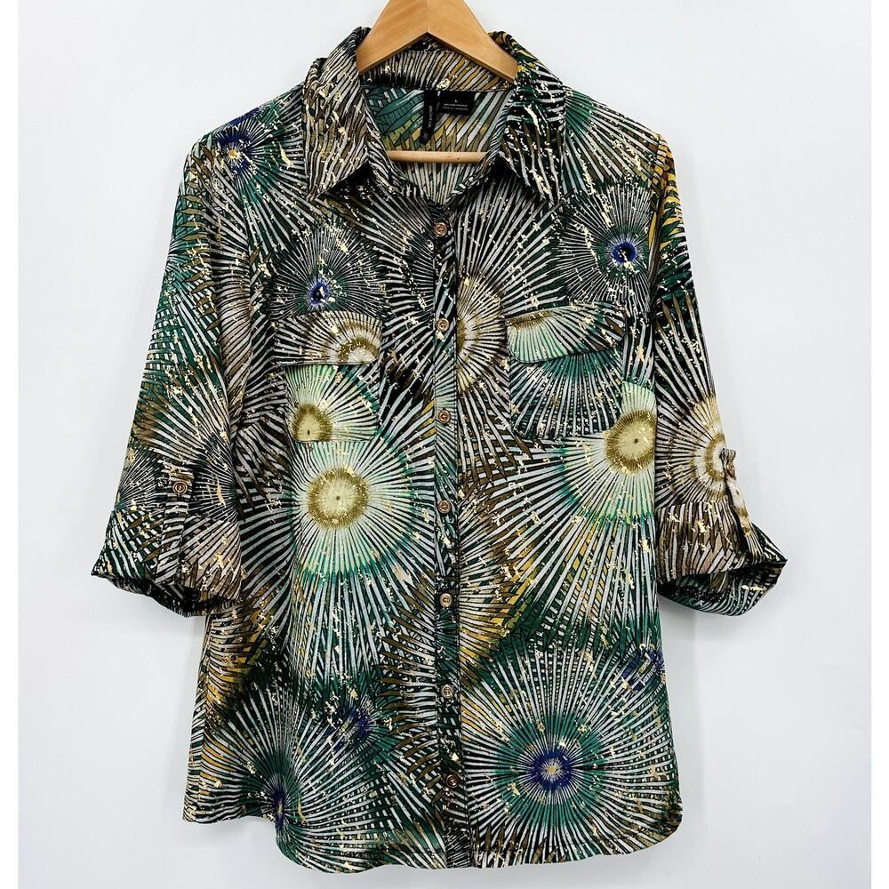 New Directions Sunburst Fireworks Blouse Womens Size Large Green Gold Yellow
